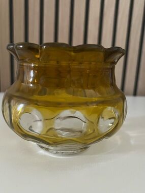 Vintage MCM Amber Scalloped Edge Glass Thumbprint Candle Holder
